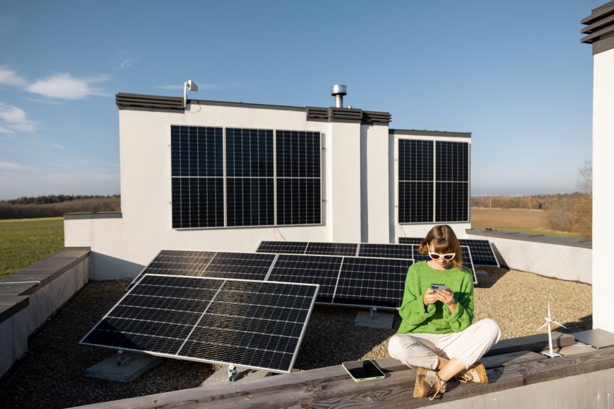 Off-grid home with rooftop and ground-mounted solar panels