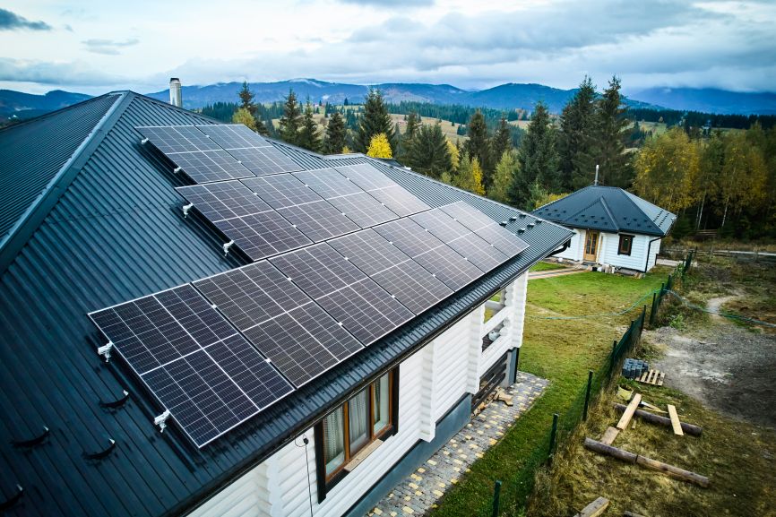 Residential home with off-grid solar energy system.