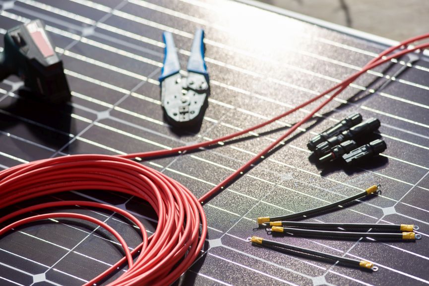 Solar panel wiring and installation tools with cables and connectors