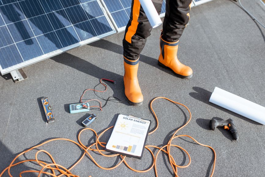 Solar panel installation tools and wiring equipment on rooftop