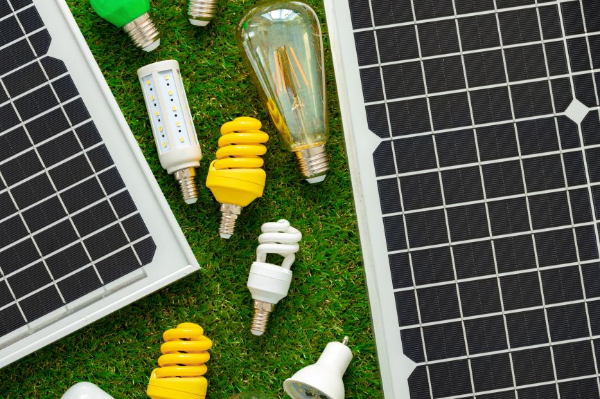 Close-up of EcoSunWorks solar panels and light bulbs symbolizing solar panels and power outage solutions