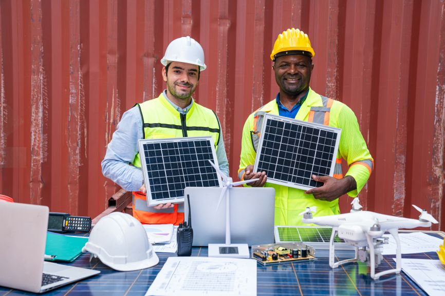 EcoSunWorks engineers holding lightweight solar panels during a project briefing, showcasing innovation and teamwork in Lightweight Solar Panels technology.